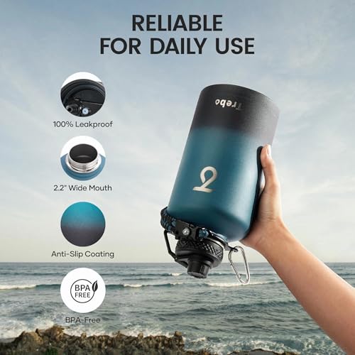 Trebo 64 oz Insulated Stainless Steel Water Bottle with 3 Lids, Paracord Handle & Carry Bag - Indigo/Black