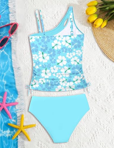 Girls Floral Print One Shoulder Tankini Swimsuit Set - Light Blue, 9-10 Years