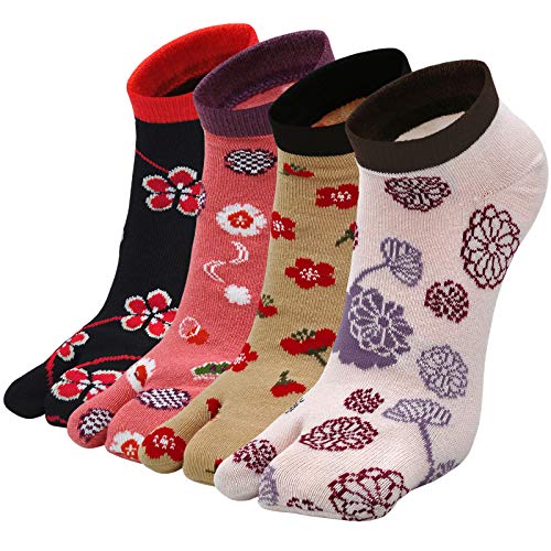 Hellomamma Cotton Flip Flop Socks for Women, Split Toe Style, Flower, Size 6-9.5