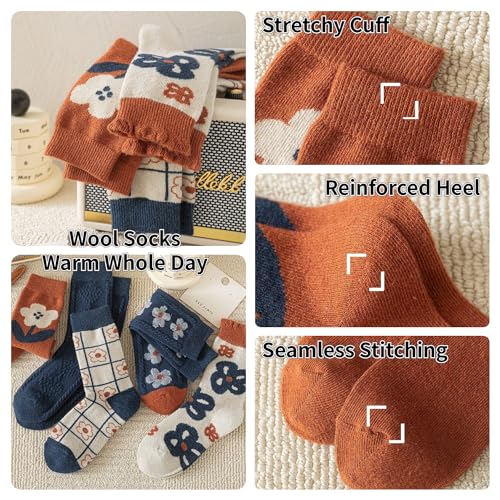 Wool Socks for Women Thick Knit Vintage Floral Crew Socks - 5 Pairs Blue Flowers (5-9)