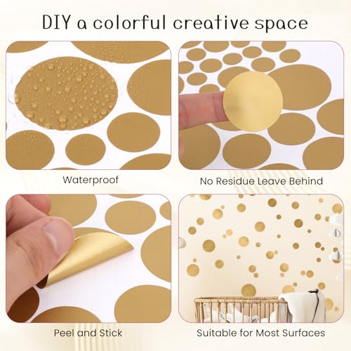 348 Pcs Polka Dot Gold Wall Decal Circle Sticker, Classroom Wall Decals Gold Bedroom Decor Round Art Stickers Playroom Decor Removable Sticker Girl Decals Decoration for Girls Bedroom (6 Sheets)