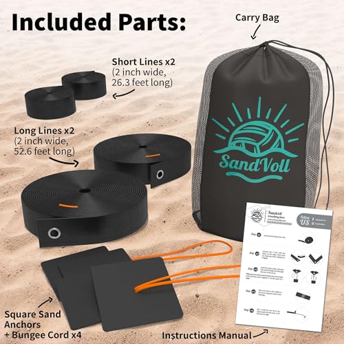Beach Volleyball Boundary Lines Set - 2 Inch Portable with Anchors - Black