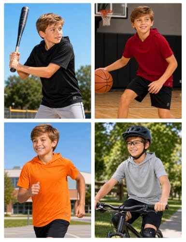 X-Large Boys Short Sleeve Hoodie T-Shirt - Youth Athletic Cool Dry Hoodie