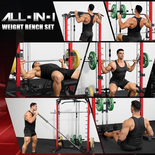 2000LBS Smith Machine Power Cage with LAT Pulldown - Red