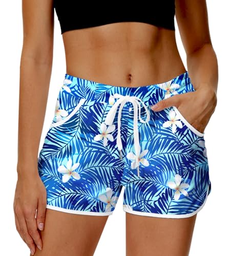 Deerose Women's Blue Leaves Tropical Print Board Shorts with Pockets, Large Size, Beach Swimwear