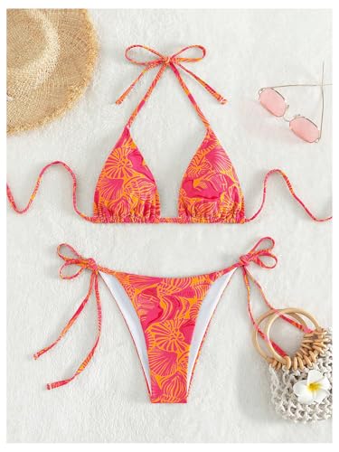 Polka Dot Beaded Bikini Set - Women's Halter Triangle Swimsuit