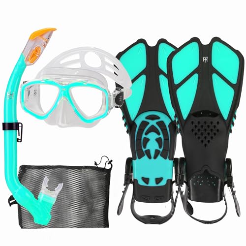 Kids Snorkeling Set with Mask, Snorkel & Adjustable Fins - Green Water