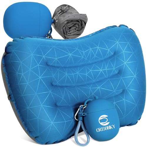 Navy Blue Inflatable Camping Pillow with 2-in-1 Air Pump & Storage Bag