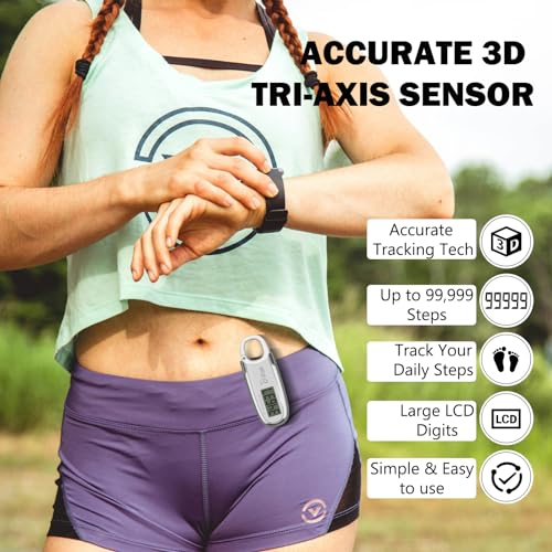 3D Pedometer for Walking - Accurate Step Tracker with Clip & Carabiner - White