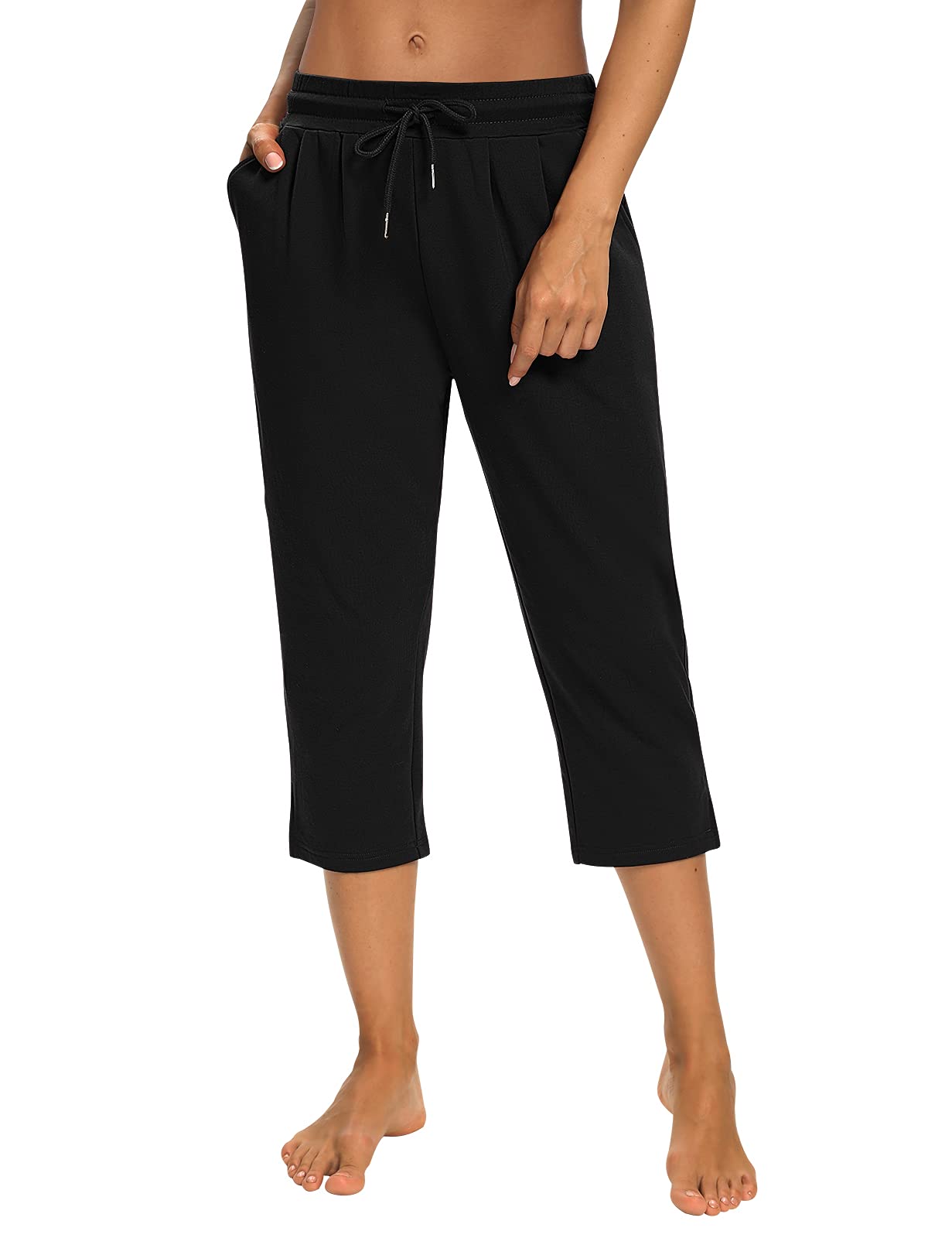 Sarin Mathews Womens Capri Yoga Pants Loose Workout Joggers Drawstring Sweatpants Lounge Pajama Capris Pants with Pockets Black XL