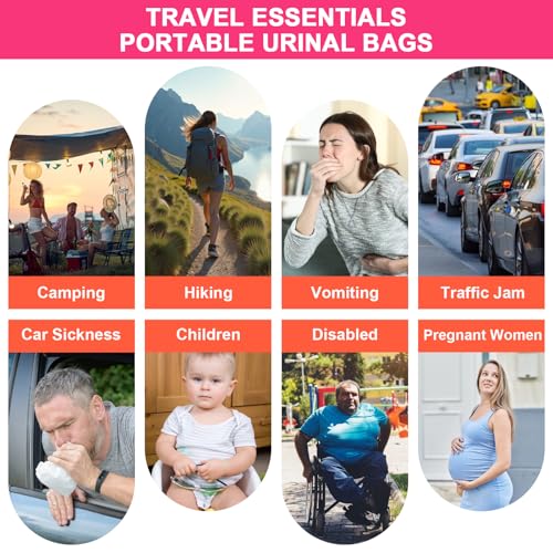 Pink Disposable Urine Bags 12/24 Pack - Portable Unisex Travel & Emergency Pee Bags