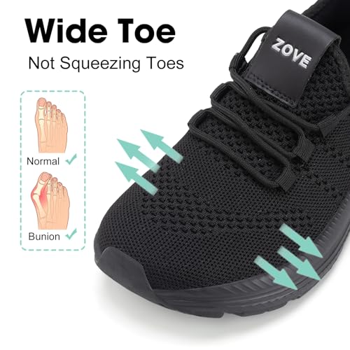ZOVE Wide Toe Box Athletic Shoes Women 8-8.5 Wide Black Lightweight Sneakers