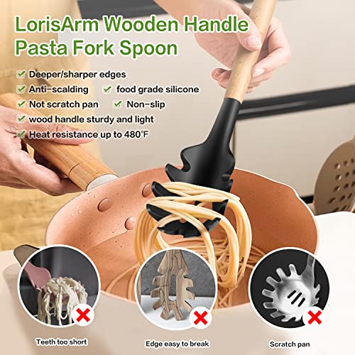 12" Wooden Handle Silicone Pasta Fork - Food Grade, BPA Free