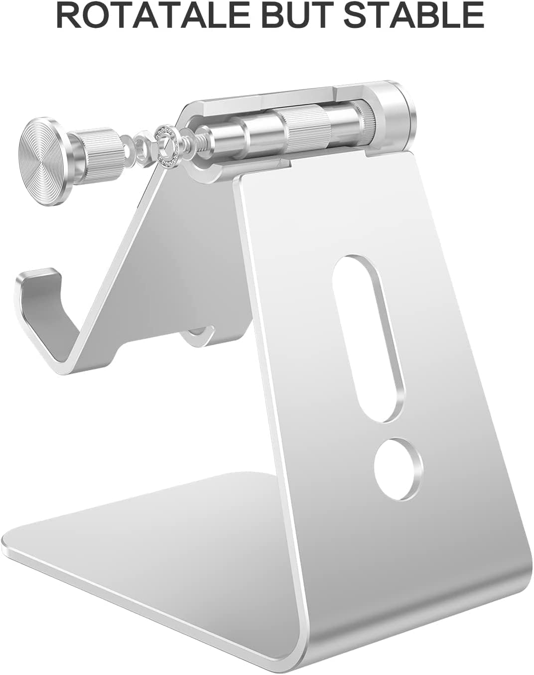 OMOTON Adjustable Cell Phone Stand - Aluminum Desktop Holder with Anti-Slip Base & Charging Port | Fits All Smartphones, Silver