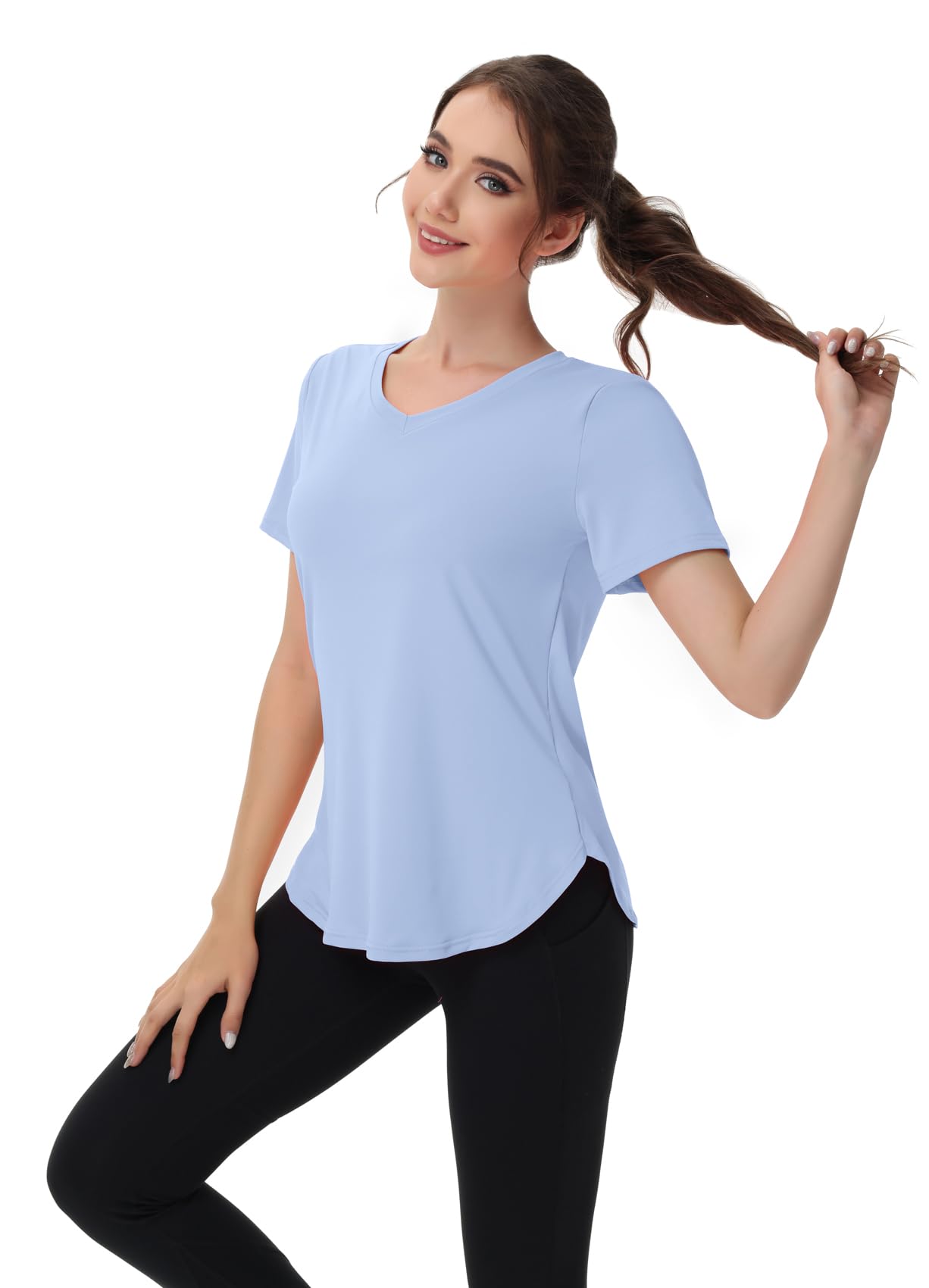 Kaleforneo Workout Tops for Women Short Sleeve T Shirts Moisture Wicking Yoga Gym Running Hiking V Neck Athletic Tee Blue L