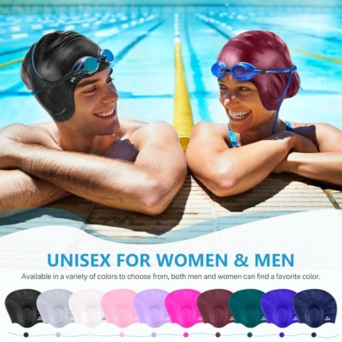 Silicone Swim Cap for Long Hair with Ear Protection - Black