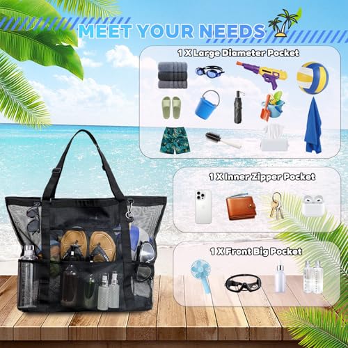 Large 40L Mesh Beach Bag Tote with Multiple Pockets - Black