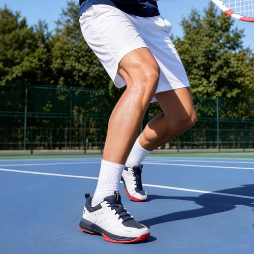Men's Wide Pickleball Shoes - Non-Slip Sneakers 10.5 Wide / White & Navy Blue