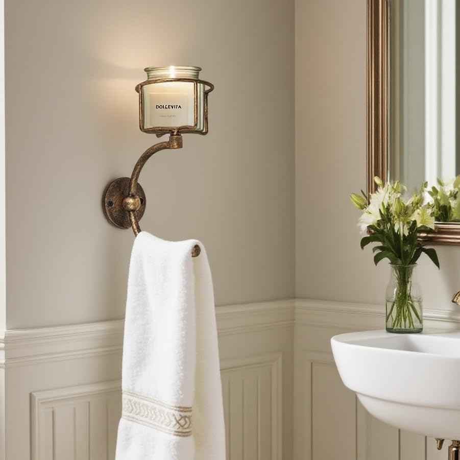 Remenna C-Shaped Towel Ring with Top Storage Basket – Unique Space-Saving Wall Mount Holder for Towels, Candles, Plants & Toiletries, Decorative Metal Accent for Bathroom or Kitchen