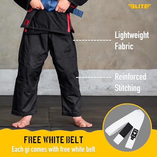 Ultra Light BJJ Gi for Kids - Preshrunk Fabric, Free Belt - Black