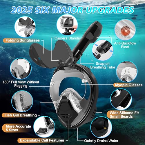 Xyuee Devilfish Full Face Snorkel Mask Adults Black XL - 180° Panoramic, Anti-Fog & Leak-Proof Snorkeling Gear