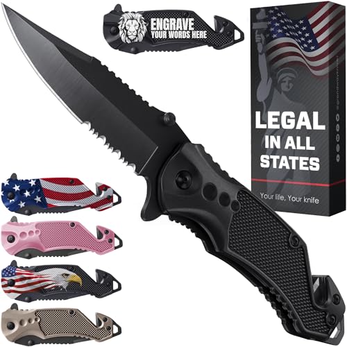 Compact Serrated Pocket Knife with Glass Breaker & Seat Belt Cutter