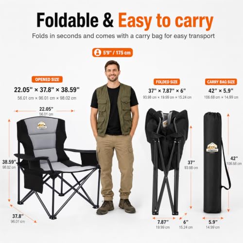 Colegence Heavy Duty Camping Chair Black 450 lb Support, Portable Foldable Seat