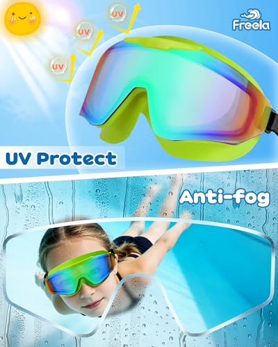 Freela Kids Swim Goggles Anti-Fog UV Protection, Green-Black & Black, 8-16 Years