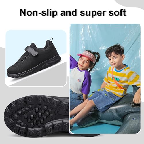 YHOON Little Kid Black Sports Sneakers for Boys Girls - Toddler & Kids Running Shoes