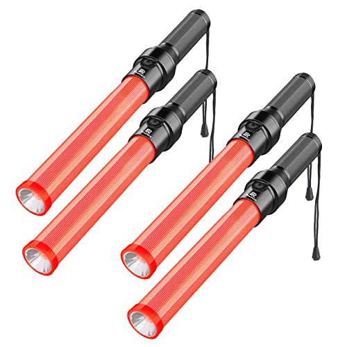 RoadHero 4 Pack Traffic Batons, 16 Inch LED Traffic Control Batons, Night Safety Light Wands with 3 Flashing Modes, Air Marshaling Signal Wand Plus White LED on Tip for Airport, Parking, Car Directing