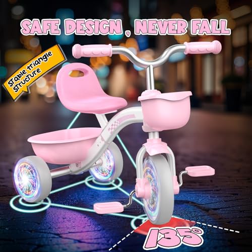 Pink Toddler Tricycle with Adjustable Seat & Light-Up Wheels