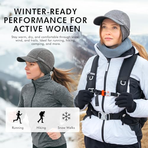 Women's Water-Repellent Winter Ponytail Baseball Cap with Fleece Ear Flaps - Medium-Large, Black | TOP-EX