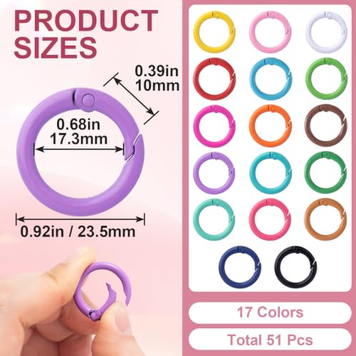 51Pcs Colorful Round Spring O Rings - Key Ring Clips, 17 Colors