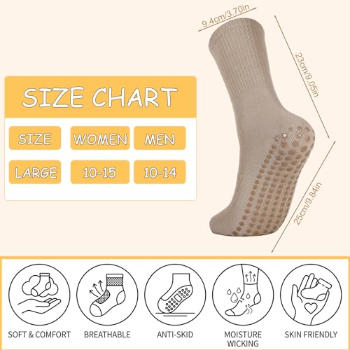 Non-Slip Pilates Crew Socks with Grips - Large - Black, White, Gray, Beige, Navy