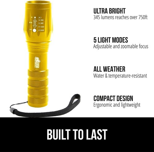 GORILLA GRIP LED Tactical Flashlight - 750 FT High Lumens, 5 Adjustable Modes, Water Resistant | 2 Pack Gold