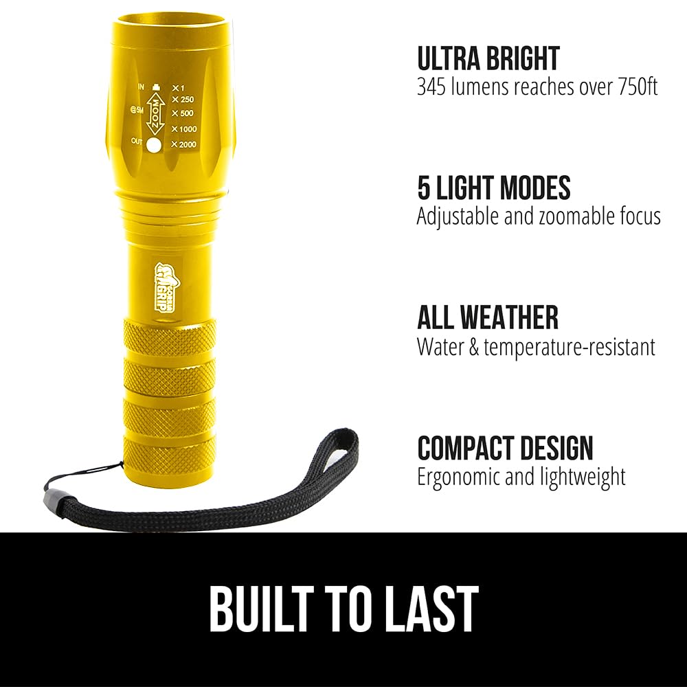 GORILLA GRIP Powerful LED Tactical Flashlight, 750 FT High Lumens 5 Adjustable Modes, Water Resistant, Ultra Bright Zoom Flashlights, Small Mini Flash Light, Camping, Night Dog Walking, Gold