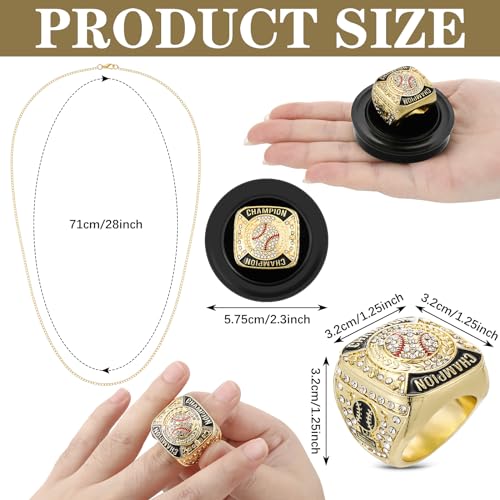 Baseball Championship Rings Set - 12 Pcs Gold with Display Stands