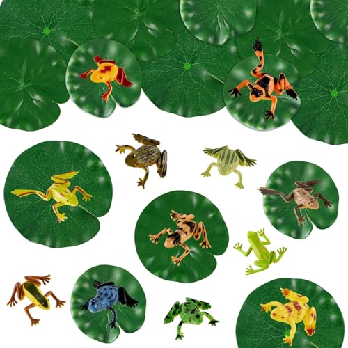 Hungdao 24 Pcs Plastic Frog Figures & Lily Pads Rainforest Toy Set (Variation 24)