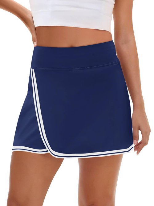 Fisoew Womens Golf Tennis Running Skorts Striped Elastic Waist Skirts Quick Dry Workout Athletic Shorts with Pockets Navy
