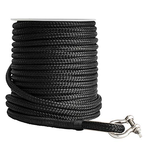 Young Marine 3/8 Inch x 150Ft Black Nylon Double Braided Anchor Line with Stainless Steel Thimble