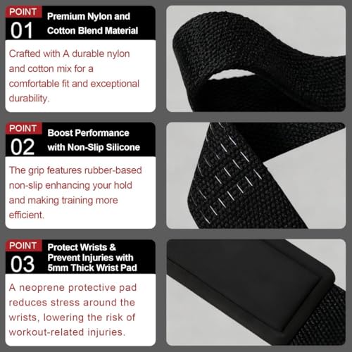 Weightlifting Straps with Non-Slip Silicone Grip - Black