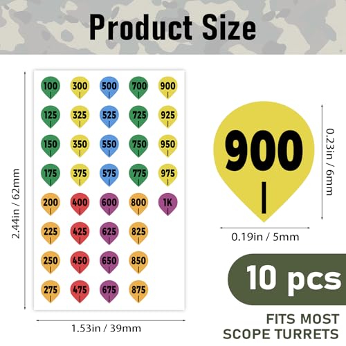 Rifle Scope Turret Dope Stickers - 370 Yardage Labels - 10 Pack