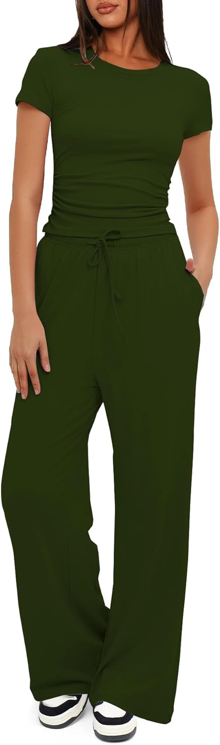 Nimsruc Women's Lounge Set - Summer 2025 Ruched Short Sleeve Top & Wide Leg Pants | Stylish Comfort