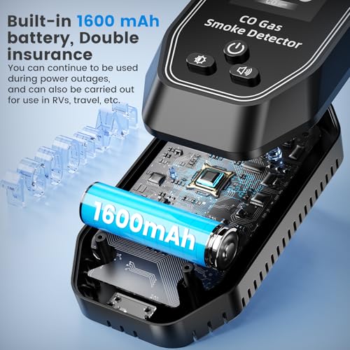 5-in-1 Portable Carbon Monoxide Detectors Plug in, MODOFO TOOL Smoke and Carbon Monoxide Detector with Built-in Battery, Natural Gas Leak Detector, HD Display for CO, Gas, Smoke, Temp, Humidity Black