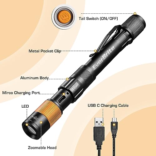 EverBrite Rechargeable Pen Light Gray 300 Lumens Zoomable EDC Flashlight