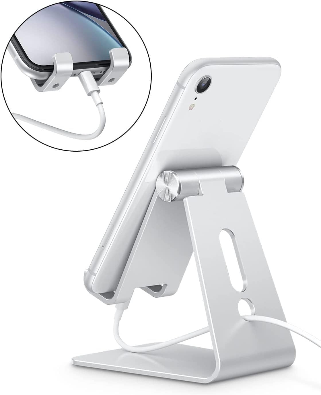 OMOTON Adjustable Cell Phone Stand - Aluminum Desktop Holder with Anti-Slip Base & Charging Port | Fits All Smartphones, Silver