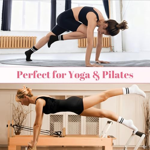 Non-Slip Pilates Grip Socks for Women - 4 Pair Athletic Crew Set for Yoga