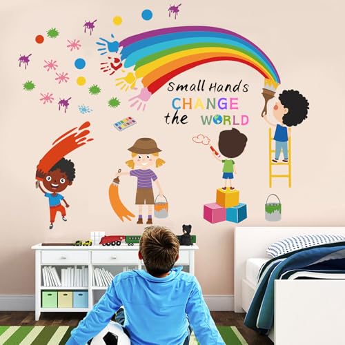 Small Hands Change The World Wall Stickers Inspirational Quote Rainbow Wall Decals for Kids Room Playroom Classroom School Library Wall Decor