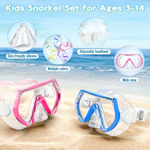 Kids Snorkeling Gear Set - Anti-Fog Clear View Mask & Snorkel - Blue+Pink