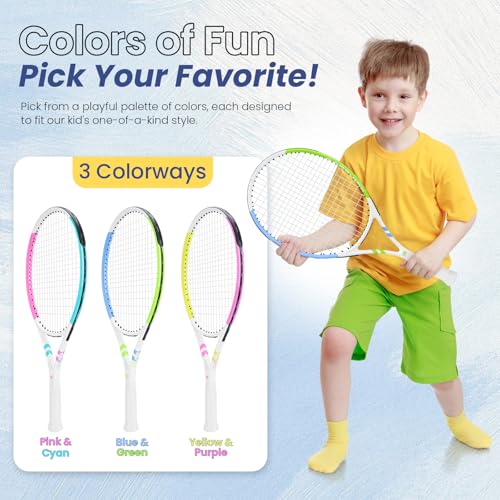 OGEENIER Kids Tennis Racket 23 Inch for Beginners, Pink+Cyan, 4 1/4"